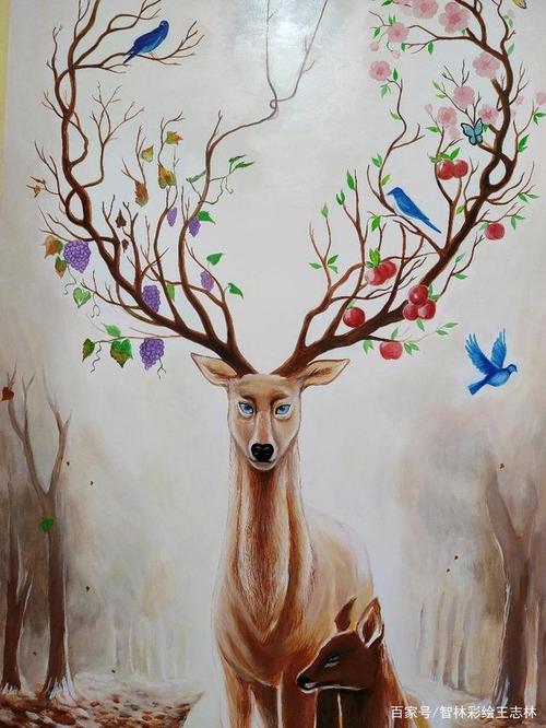 智林彩绘如何画完一幅家装背景精致壁画:财鹿(财禄)的