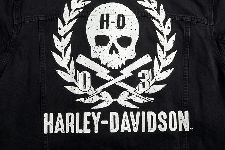 harley-davidson/哈雷戴维森男士夹克全棉翻领复古骷髅印花牛仔外套潮