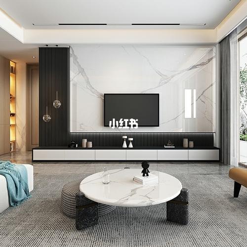 2021轻奢悬空岩板大板电视背景墙木格栅装饰_背景墙_岩板_电视机_穿搭