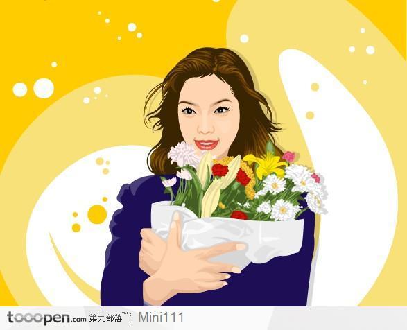 手捧鲜花的美女矢量插画