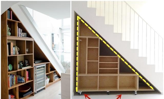 楼梯下塞个移动三角柜,外面做置物架,里面