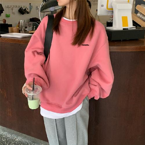 官图实价卫衣女春秋薄款长袖t恤韩版圆领假两件大码女装