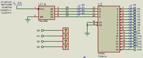 74ls393为4位二进制计数器,74154为4-16译码器.