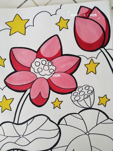 临摹 | 儿童马克笔插画 荷花荷叶池塘_马克笔_插画_临摹_儿童画_马克