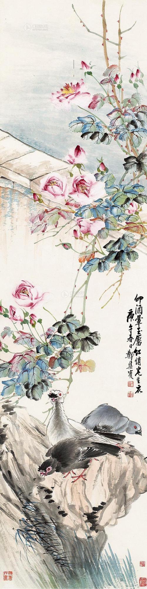 0619 蔷薇群鸽图 立轴 设色纸本