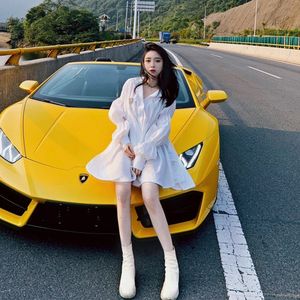 韩笑mia 2020春夏不规则收腰伞状衬衫连衣裙长袖中长款女