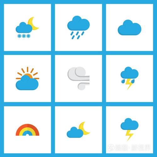 天气图标扁平风格设置与暴发, 霜冻, 多云等弓元素.