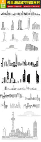 矢量线条城市剪影素材线绘手绘城市都市素材