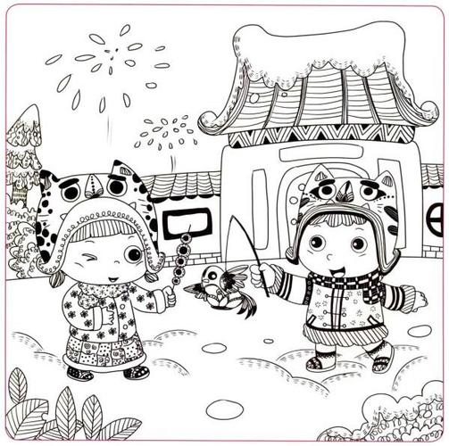 过春节了儿童线描画法步骤