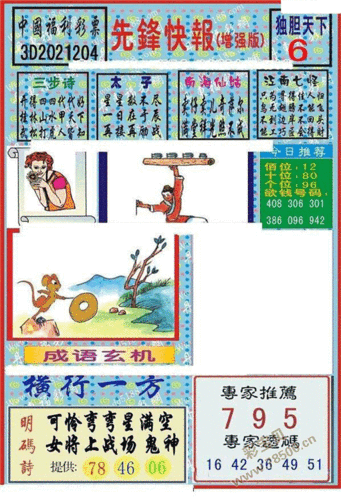 3d2021204期中国福利彩票先锋快报 增强版图谜