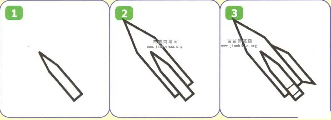 简笔画图解五 火箭资料: 火箭由装有易燃混合物的壳体组成的装置,燃烧