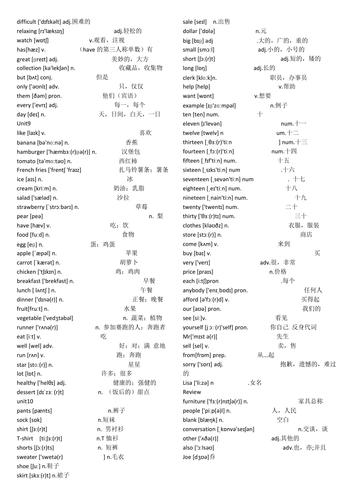 六年级上册英语单词