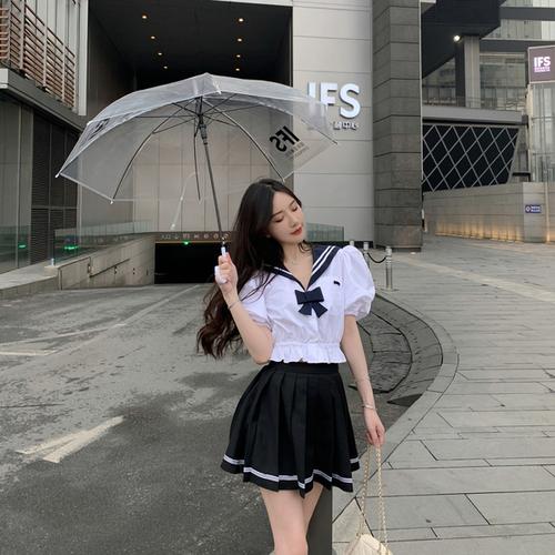 购客女夏蝴蝶结水手服短袖 泡泡袖 xuerstudio学院风海军领衬衫 短款