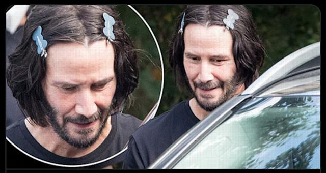 56岁的基努里维斯被拍到头戴蝴蝶结发卡,似乎是为了要固定发型,让他看