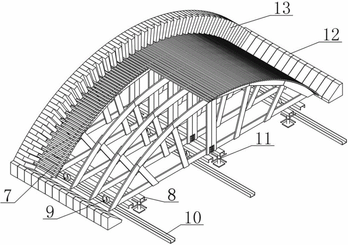 摘要 本发明涉及工业炉大跨度拱顶砌筑领域,具体涉及一种大跨