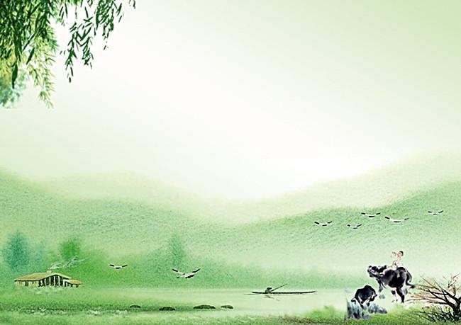 中国风绿色清明节牧童背景