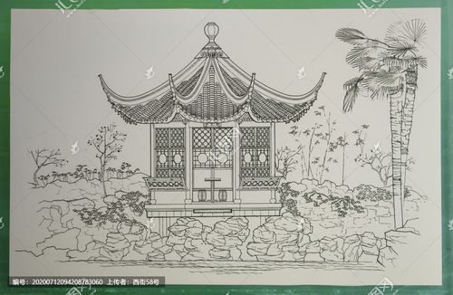 江南苏州园林古亭素描线描