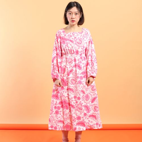 sansastore 原创设计百花园粉色花朵复古宫廷风高腰棉布连衣长裙