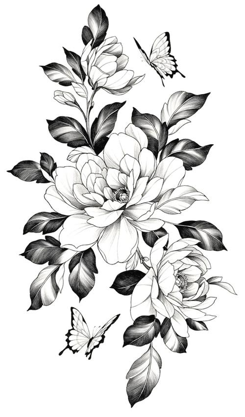 现货批发黑白素描花朵纹身贴暗黑花臂纹身贴纸玫瑰花朵tattoo