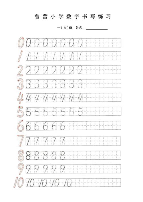 一年级 0-10数字书写练习表 (日字格,田字格).doc 1页