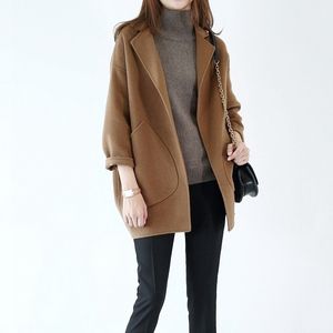 小个子短款外套女2018年秋冬墩形宽松显瘦九分袖双面羊绒毛呢大衣