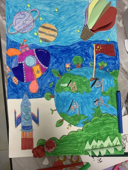 小学生海报《智创科技,绿色生活》_水彩笔_热气球_上色_铅笔_彩铅