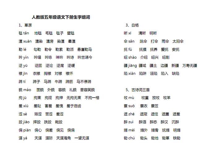 人教版五年级语文下册生字组词.pdf 6页
