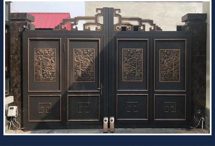 农村别墅铝艺大门 庭院美观封闭式大门新中式铝合金电动悬浮大门