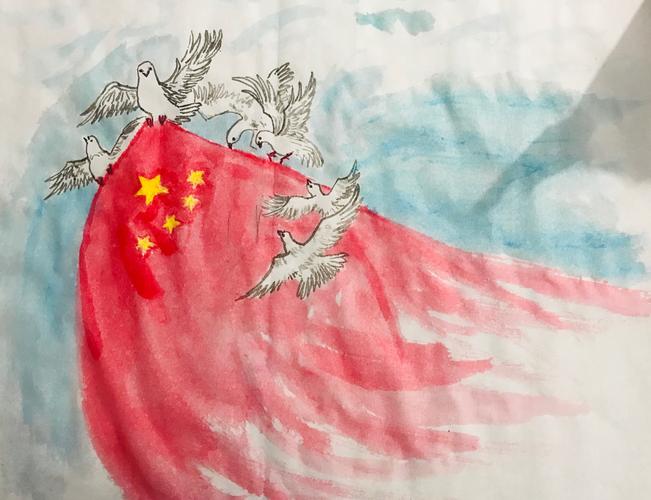 晚上去陪母亲,颜料没带够,红旗画了一角