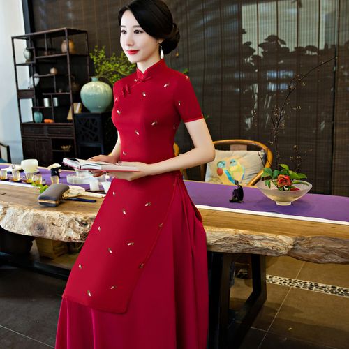 旗袍秋款2019新款女中长款修身长裙祺袍秋季越南奥黛改良版连衣裙