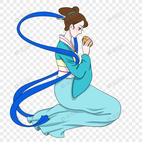 侧面跪坐吃月饼的嫦娥仙子