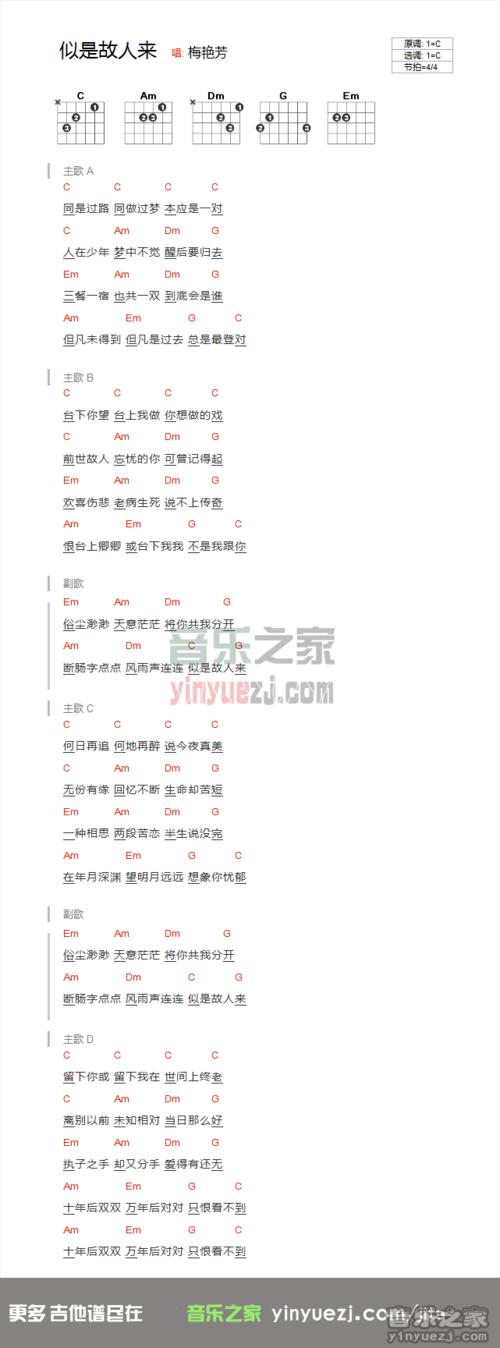 c调版梅艳芳似是故人来吉他和弦弹唱谱