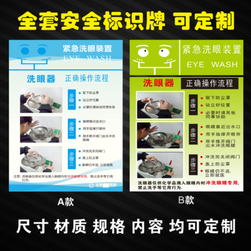 购客紧急洗眼器装 置正确操作步骤流程图标识标牌洗眼器安全提示牌