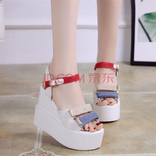 厚底凉鞋女韩版百搭内增高女鞋超高跟鱼嘴外穿罗马坡跟凉鞋 白色d-11