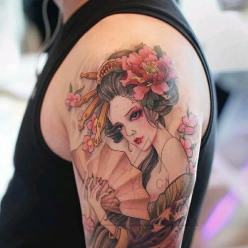 花臂浮世绘日式艺伎仿真刺青持久防水男女小清新彩色纹身贴
