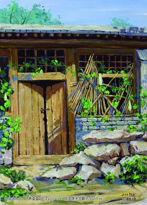 农村风景写生:上锁的木板门,大石头堆,爬山虎