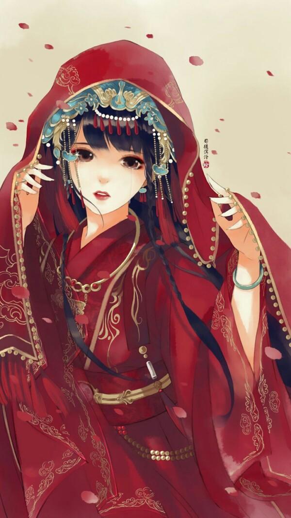 手绘古风红衣女子