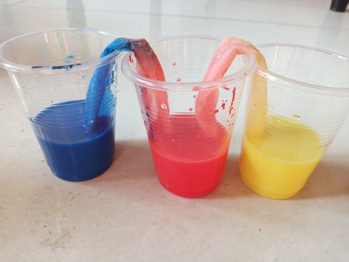 3个一次性杯子,3种不同的颜料,小棒或者筷子一根,纸巾若干张 实验过程