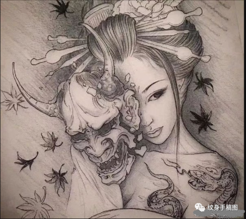 纹身图案 艺妓纹身手稿 美人艺伎纹身素材 纹身图案