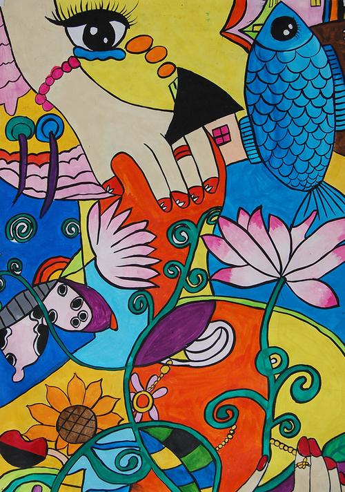 儿童彩笔画作品—年年有余