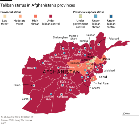 塔利班(红色)与阿富汗政府军(黄色)的控制区域图.(图源:金融时报)