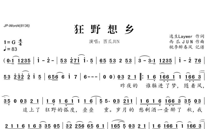 西瓜jun《狂野想乡》歌词_简谱