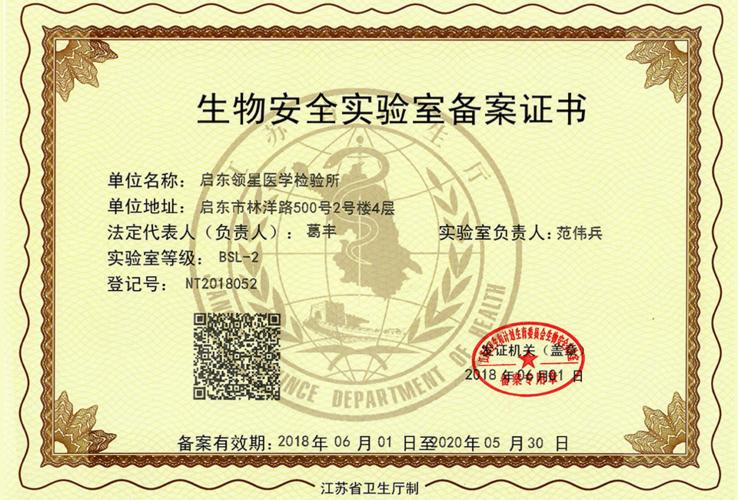 生物安全实验室备案证书