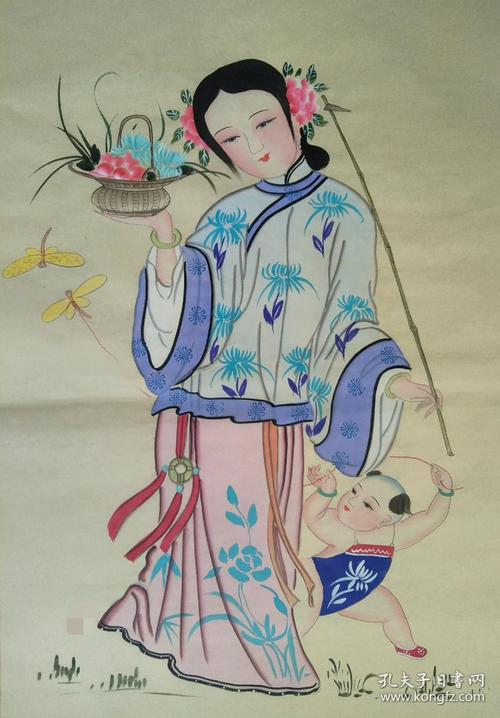 扑灰年画《母子图》侍女娃娃对画