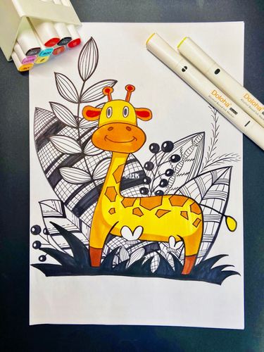【114】少儿美术 | 彩色线描《长颈鹿》_长颈鹿_线描_美术_儿童画