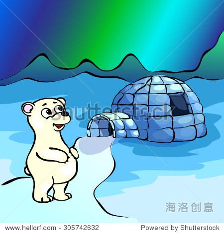 polar bear ice yurt igloo and nothern lights. illustration