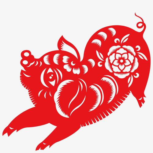 低着头的红色剪纸猪