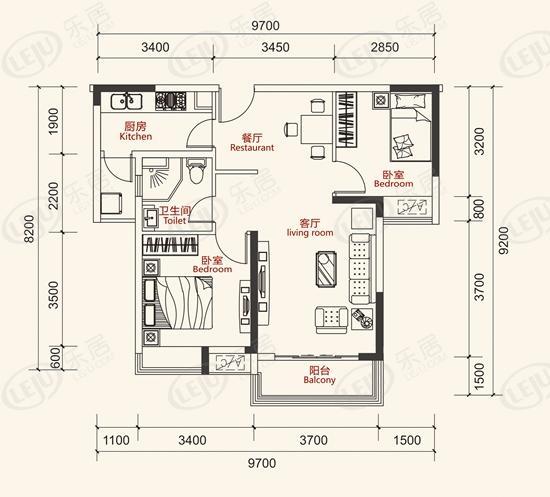 昊天广场2室2厅1卫户型图 - 襄阳乐居