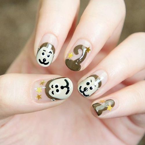 2016年卡通猴子美甲 猴年画一只猴子在指甲上吧