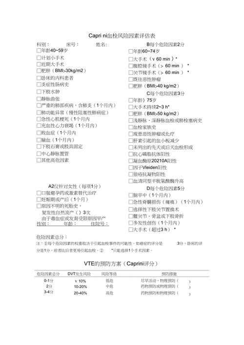 血栓风险因素caprini评估表
